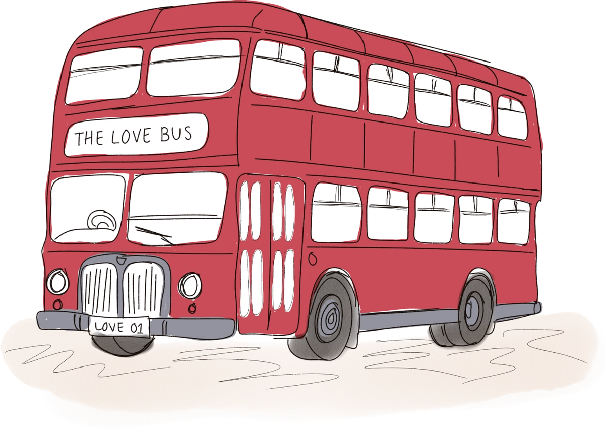 Illustration of the red double-decker Love Bus